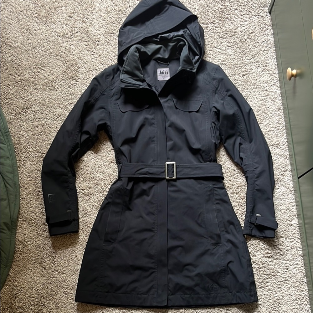 REI Women's Black Hooded Trench with Belted Waist